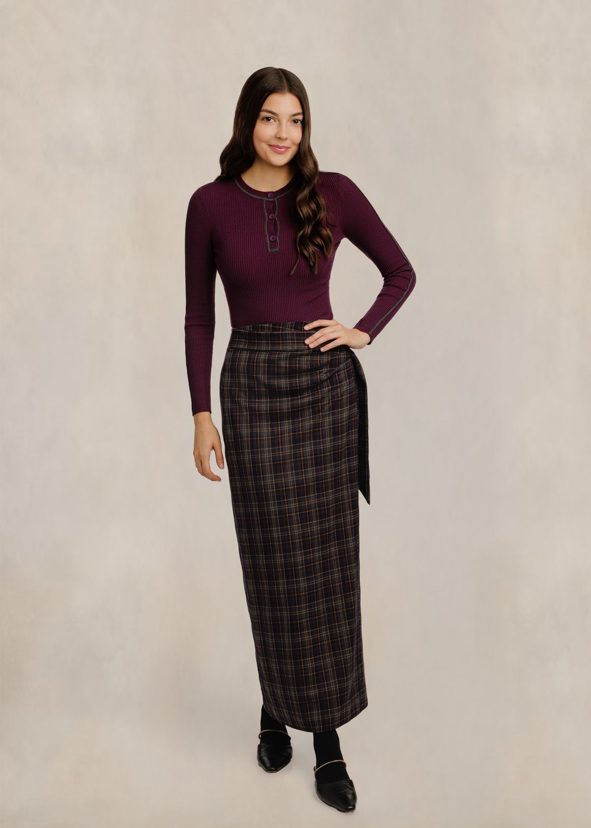 Ribbed Henley Top - Plum