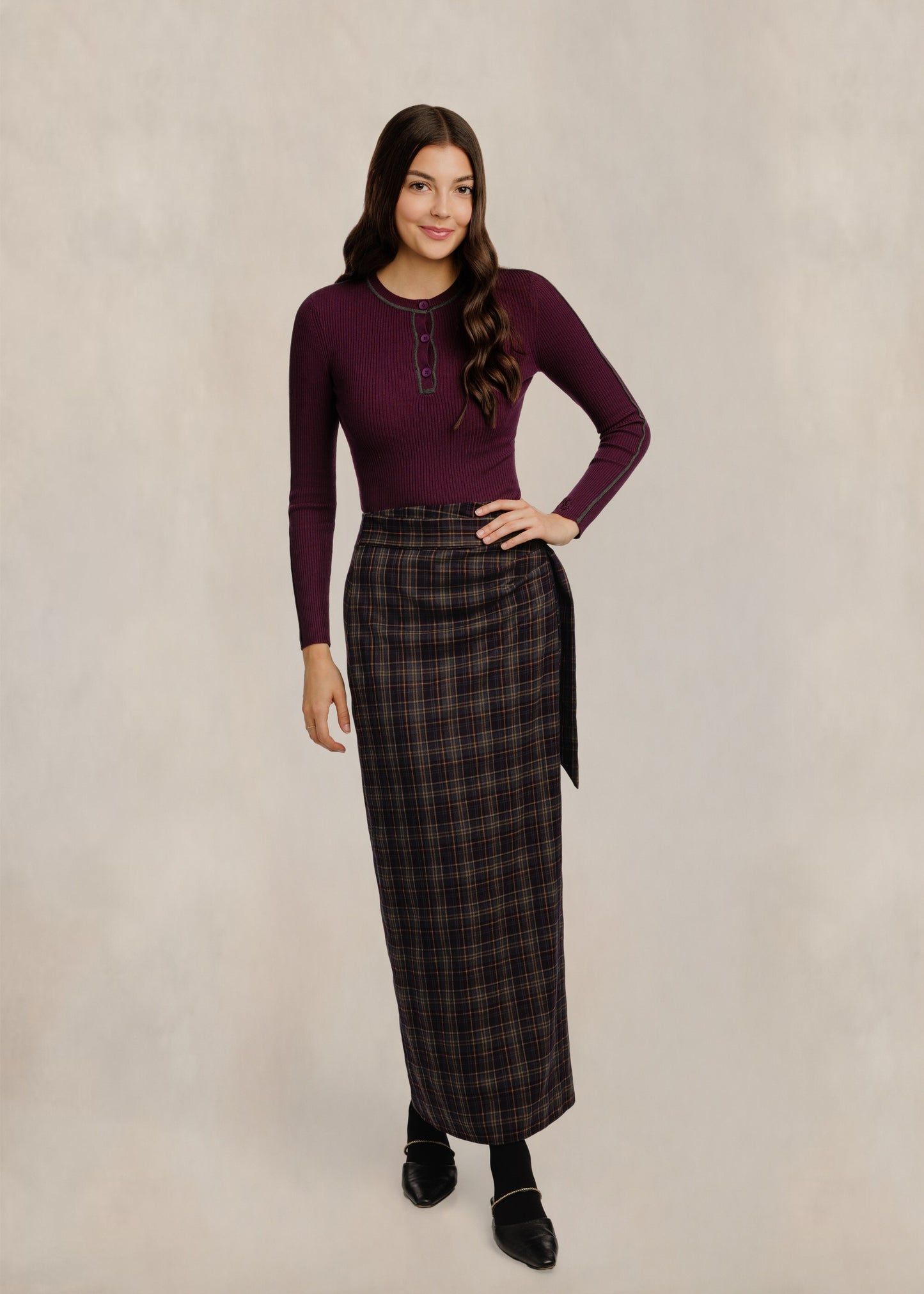 Brown Plaid Column Skirt