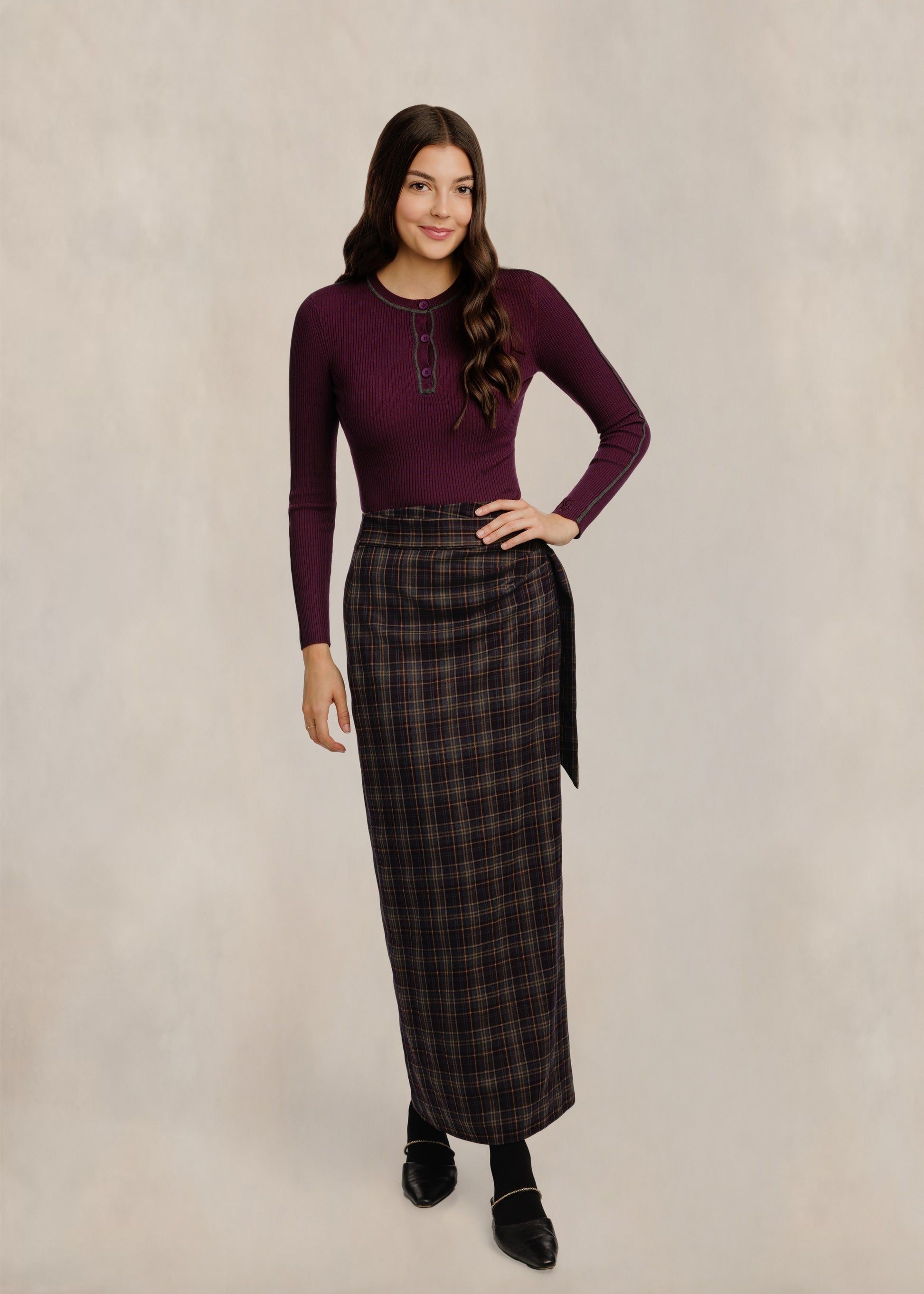 Brown Plaid Column Skirt