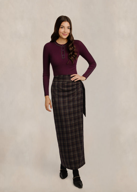 Brown Plaid Column Skirt