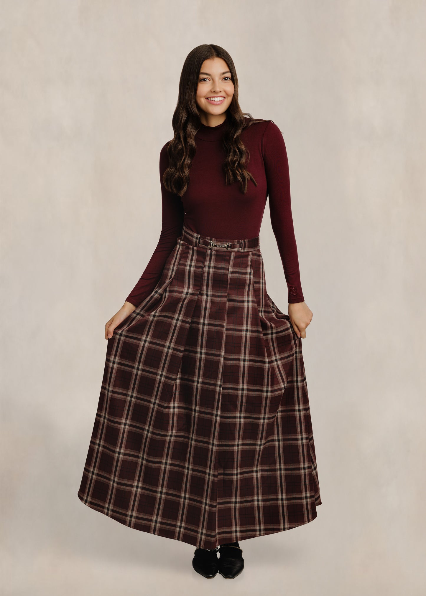 Brown & Burgundy Horsebit Plaid Skirt