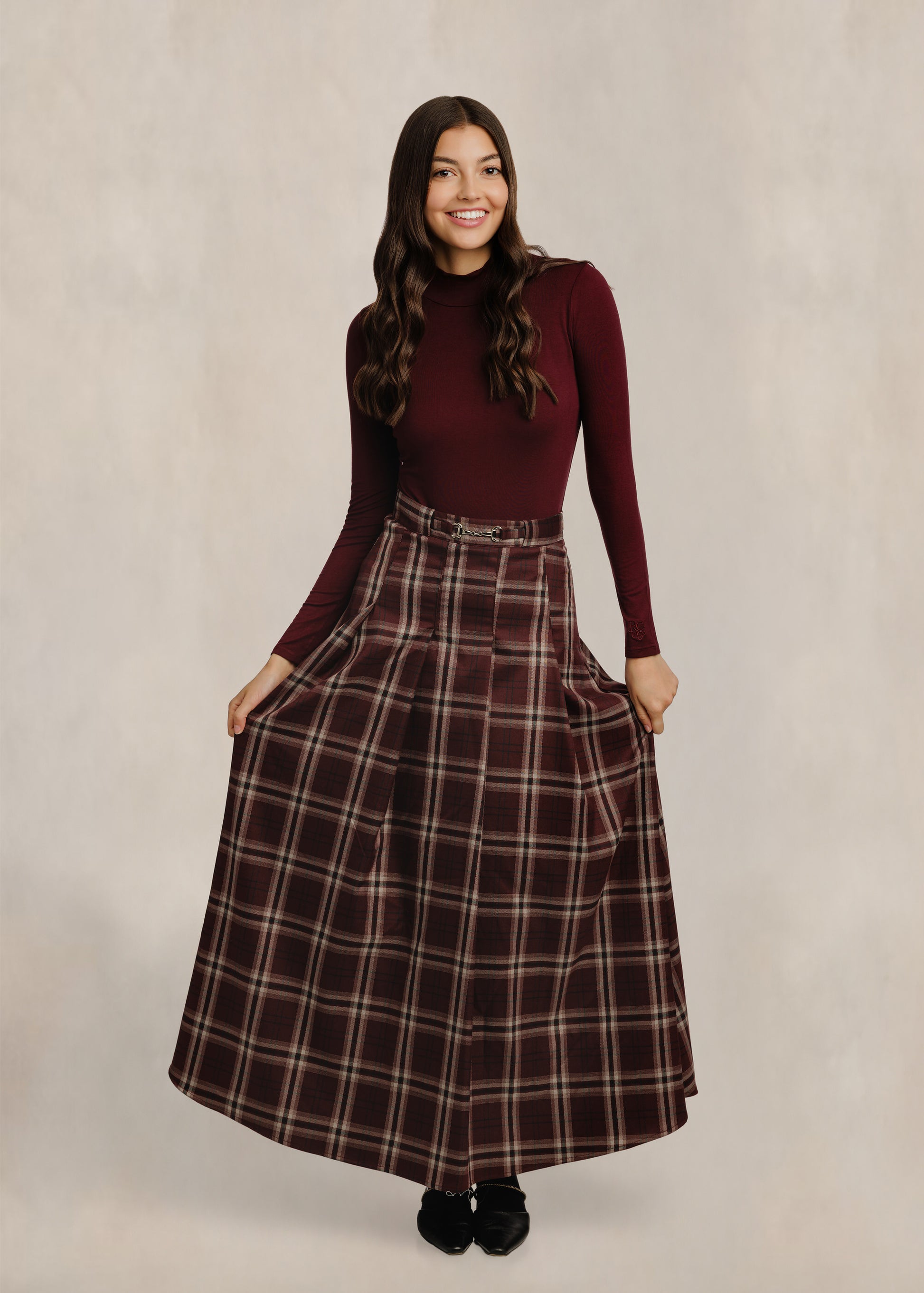 Brown & Burgundy Horsebit Plaid Skirt