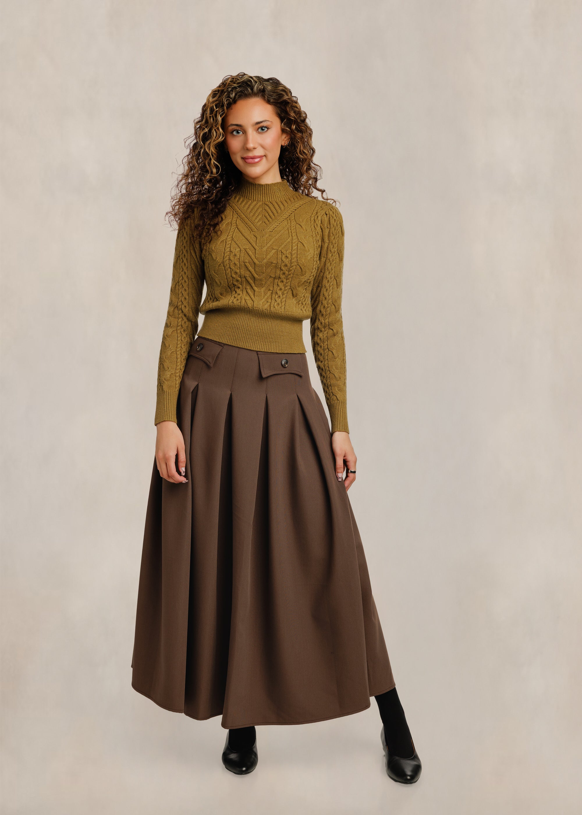 Pleated Flap Detail Flowy Skirt - Brown