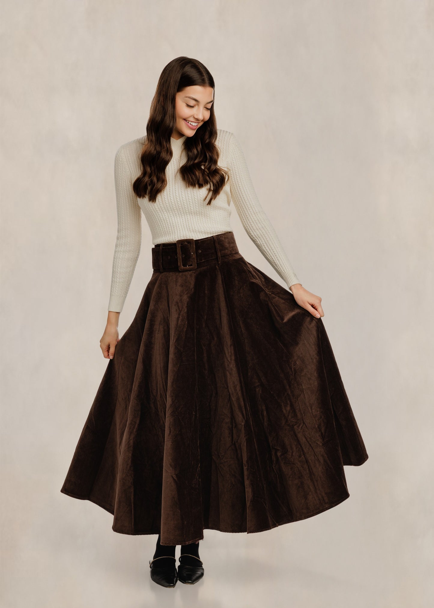 Corduroy Circle Skirt W/ Wide Belt - Brown