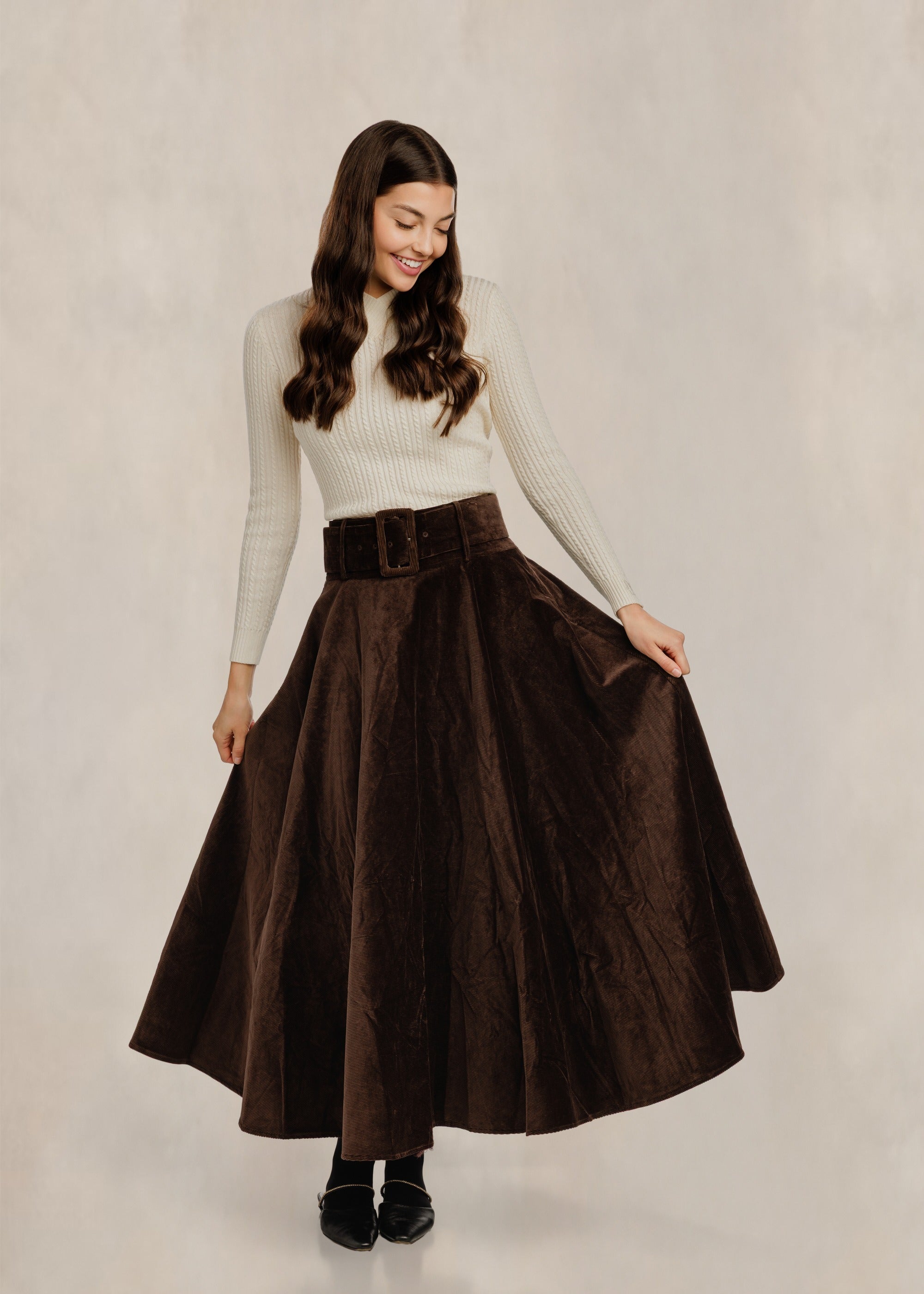 Corduroy Circle Skirt W/ Wide Belt - Brown
