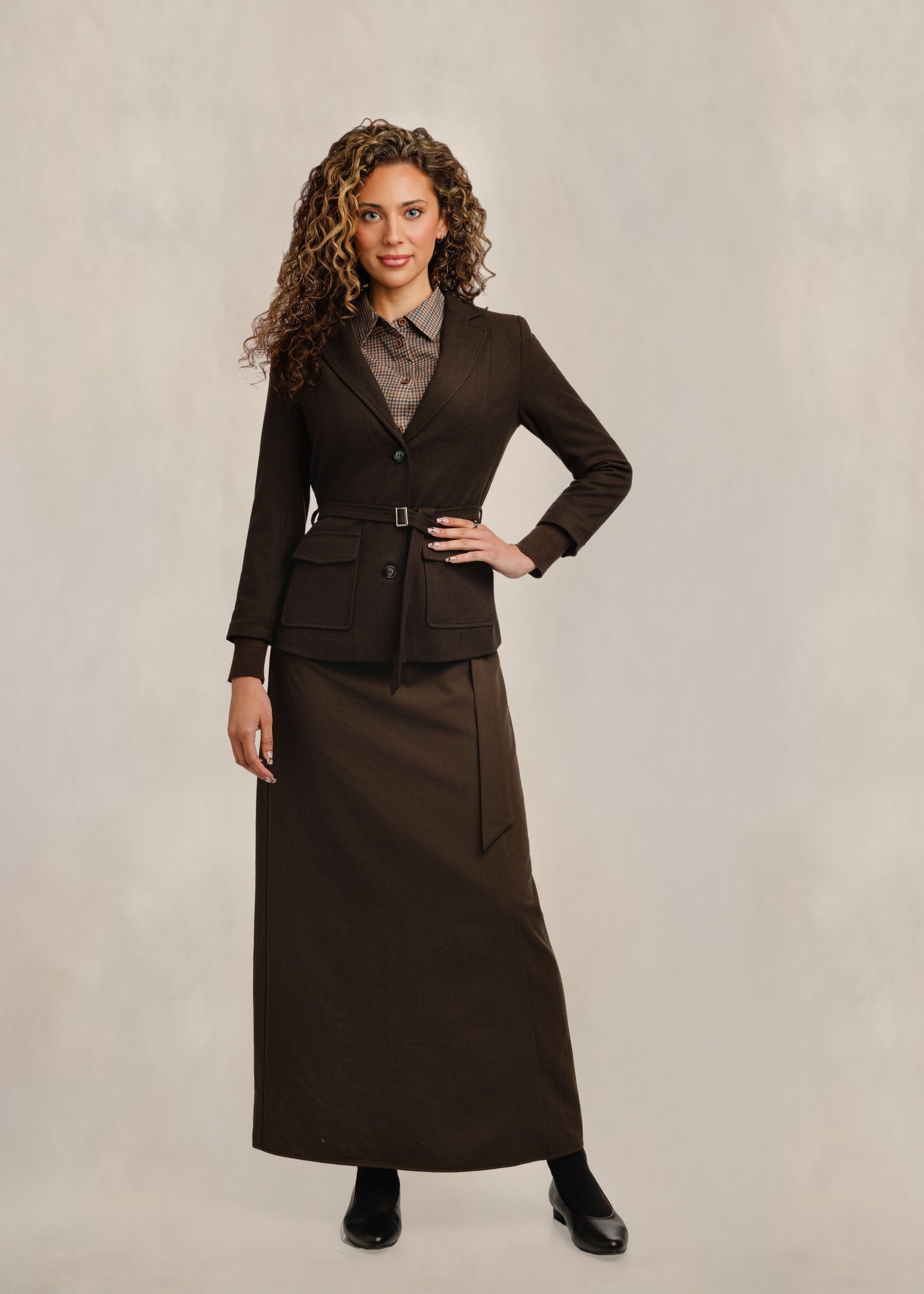 Tailored Belted Blazer - Brown
