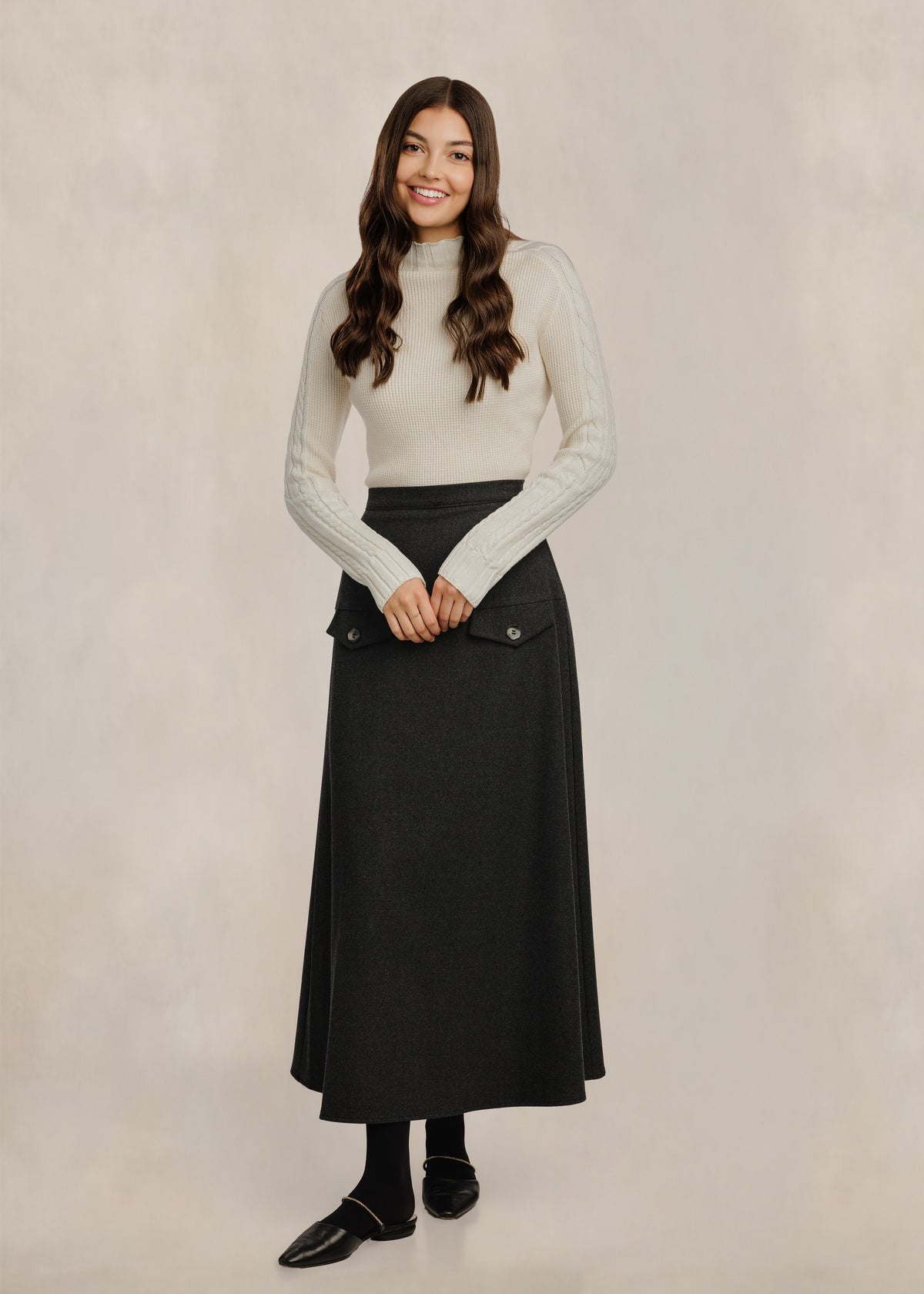 Cable Knit Sleeves Mock Neck - Cream