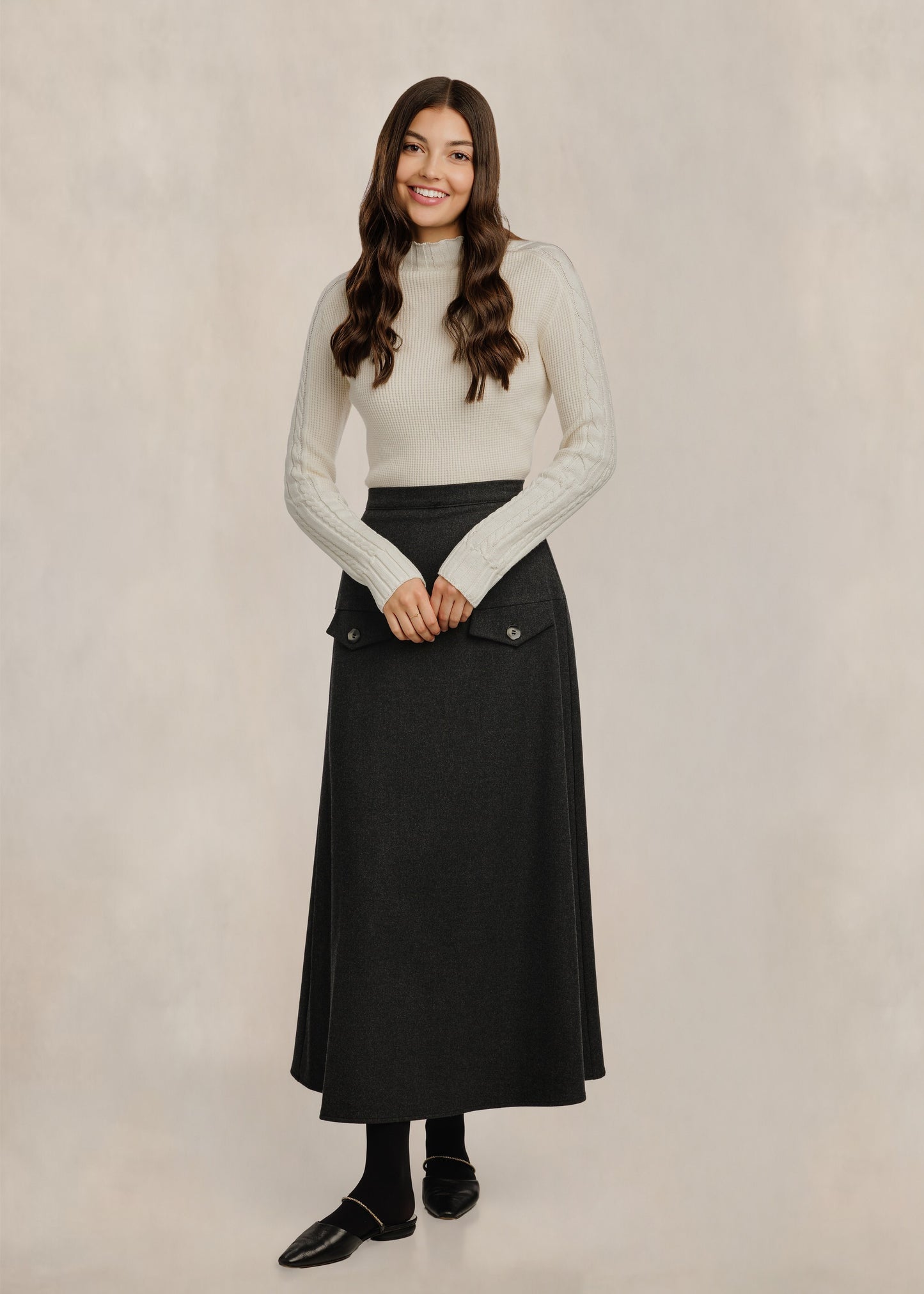 Fake Button Pockets Straight Skirt - Dark Heather Grey