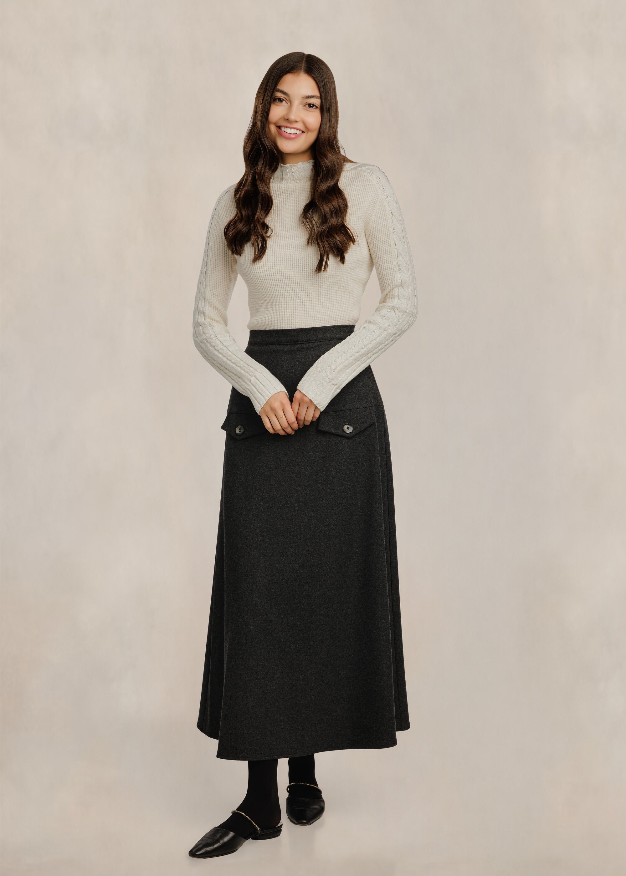 Fake Button Pockets Straight Skirt - Dark Heather Grey