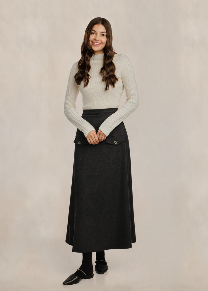 Fake Button Pockets Straight Skirt - Dark Heather Grey