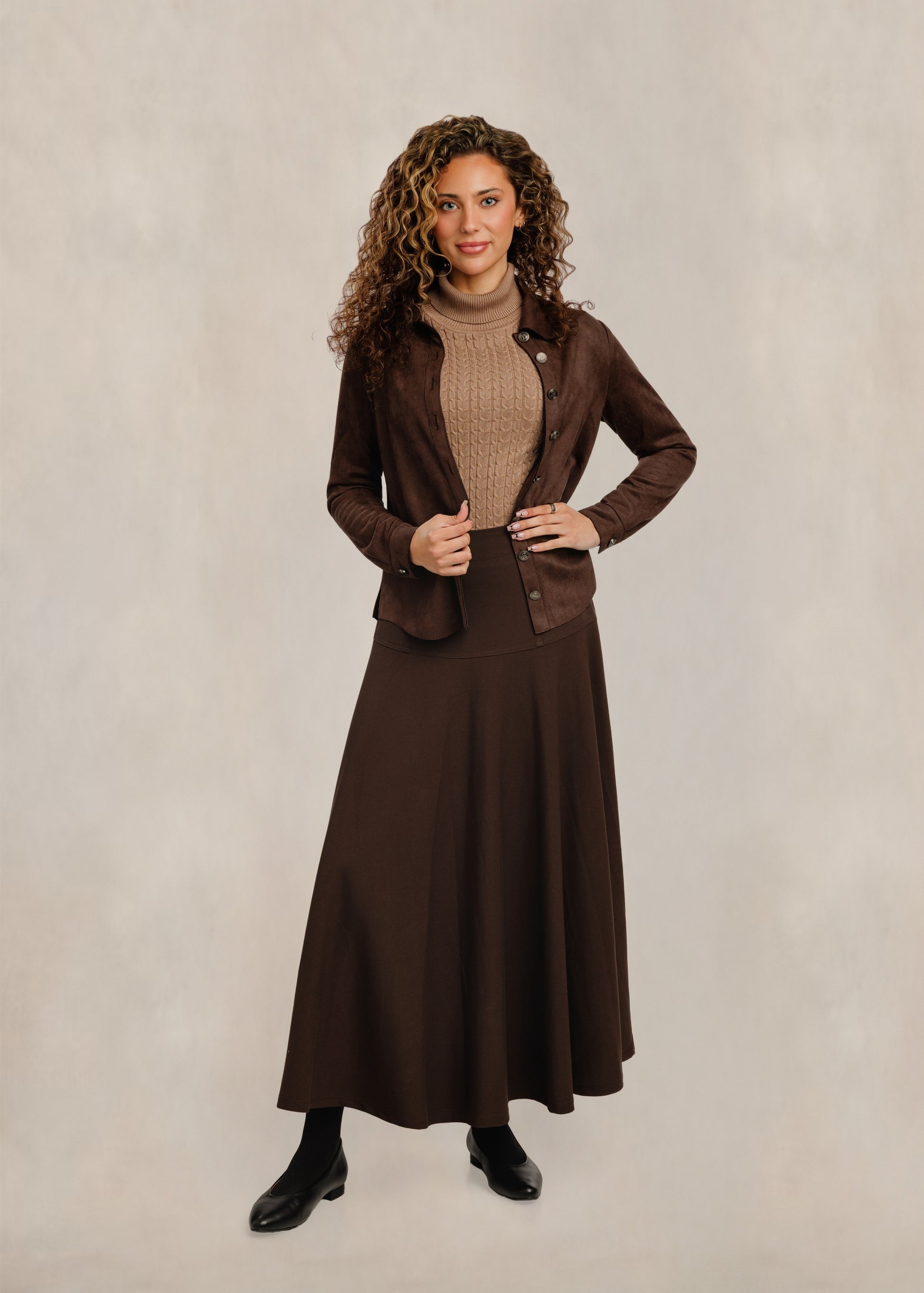 Solid Midi Skirt - Brown