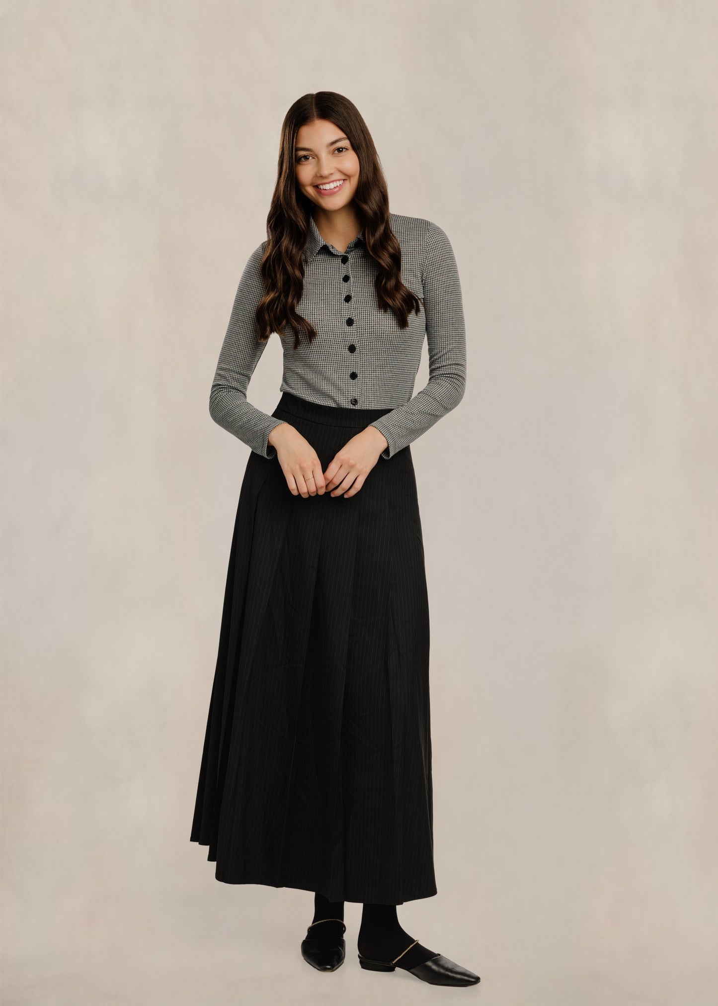 Pinstripe Pleated Skirt - Black