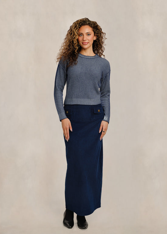 Two Toned Ribbed Knit Top - Navy/Ice Blue
