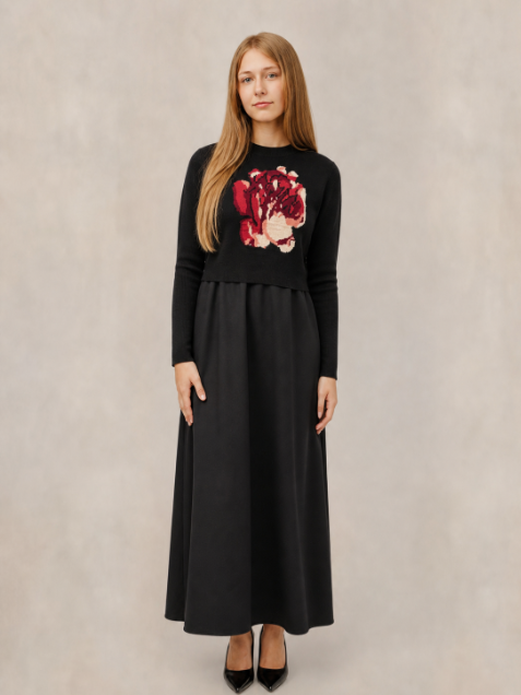 Red Flower Overlay Black Dress