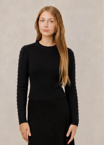 Ribbed Knit Top W/ Studded Sleeves