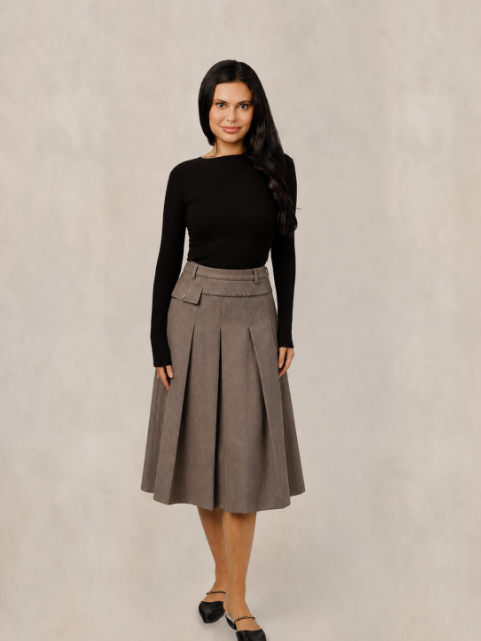 Brown Pleated Skirt W/ Scalloped Detail