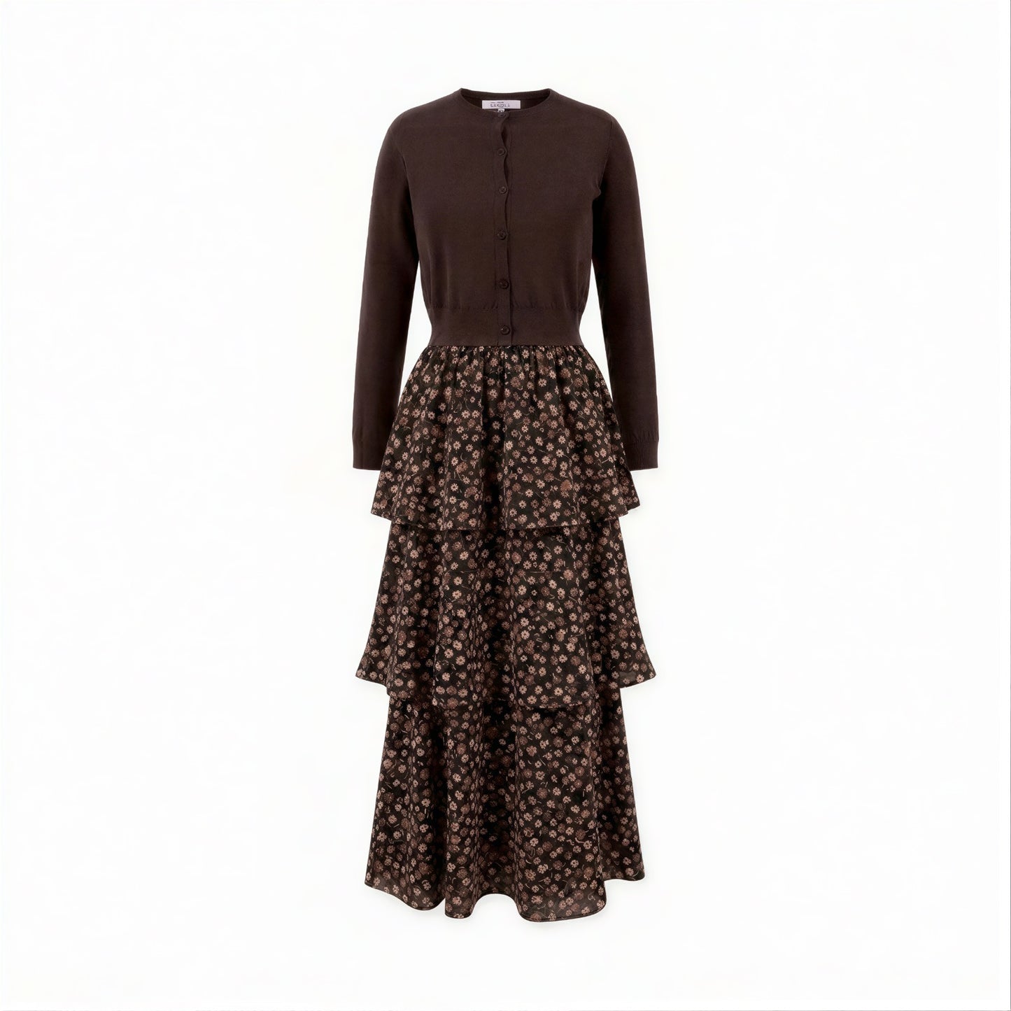 Brown Floral Layered Dress With Cardigan