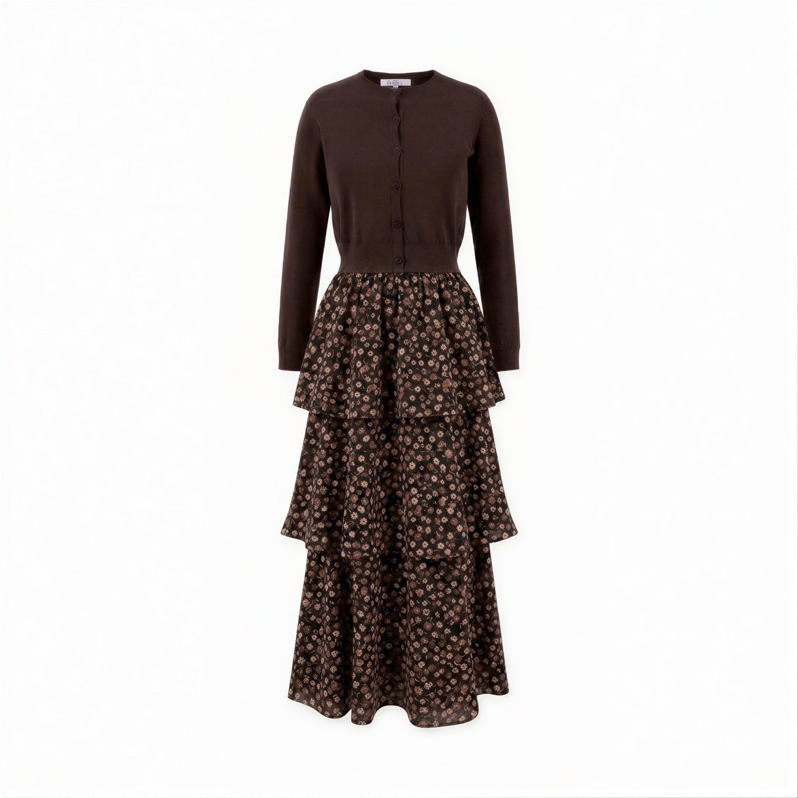 Brown Floral Layered Dress With Cardigan