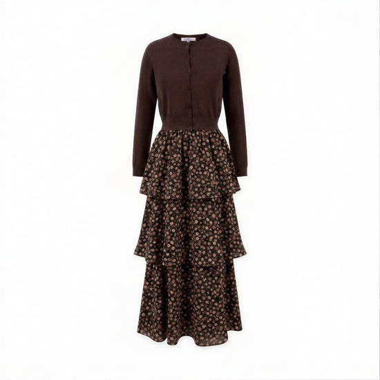 Brown Floral Layered Dress With Cardigan