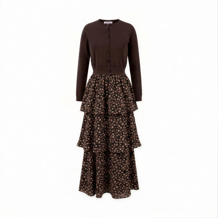 Brown Floral Layered Dress With Cardigan