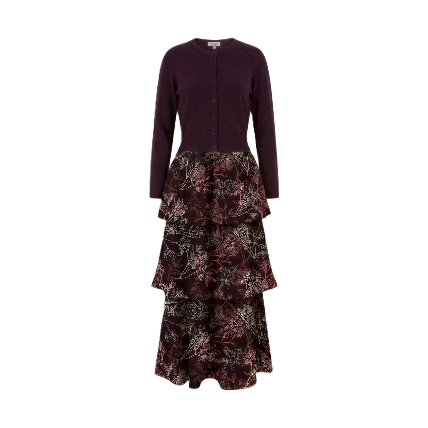 Burgundy Vine Floral Layered Dress With Cardigan