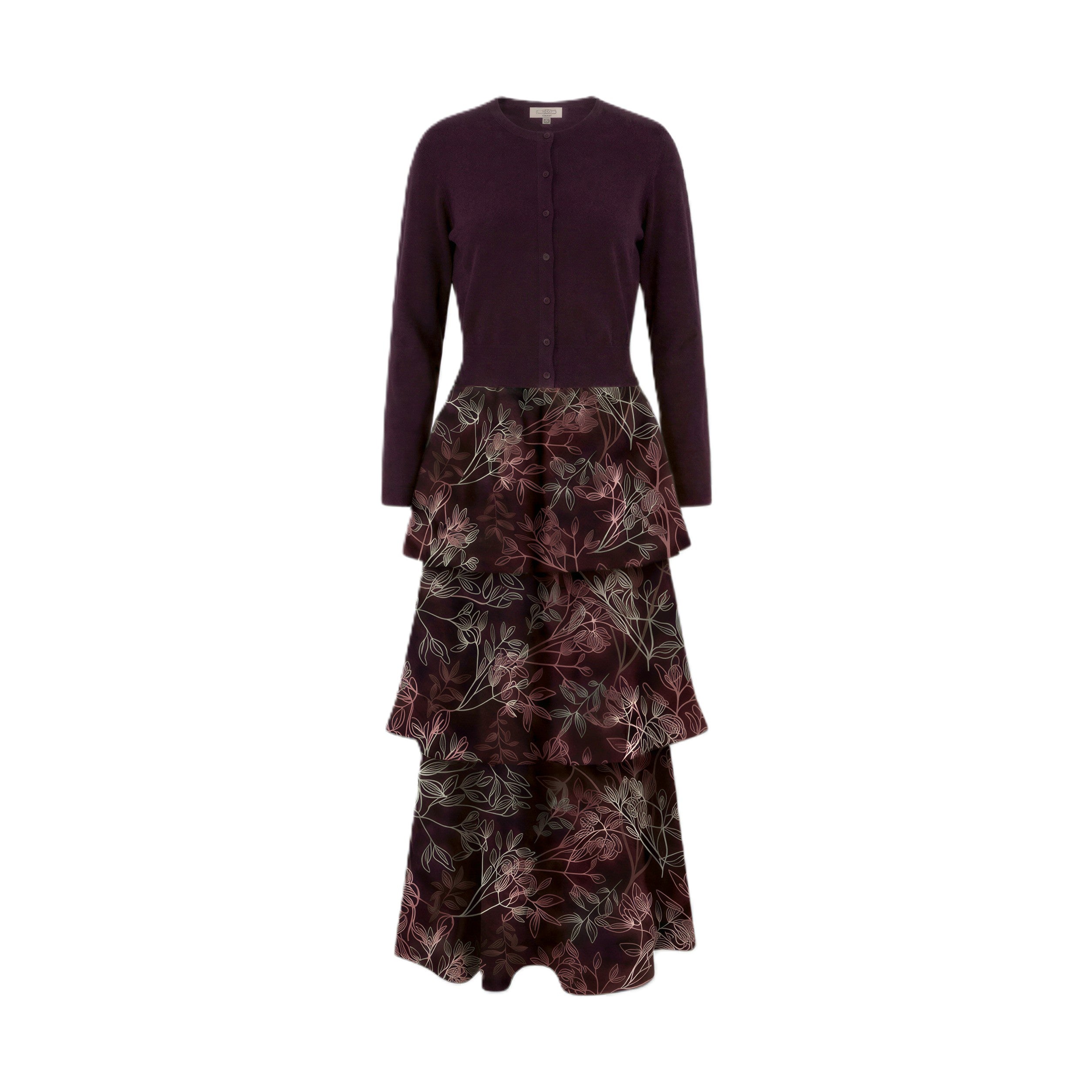 Burgundy Vine Floral Layered Dress With Cardigan