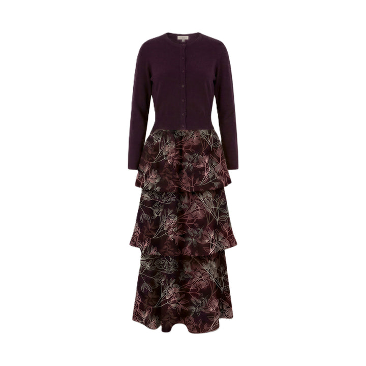 Burgundy Vine Floral Layered Dress With Cardigan