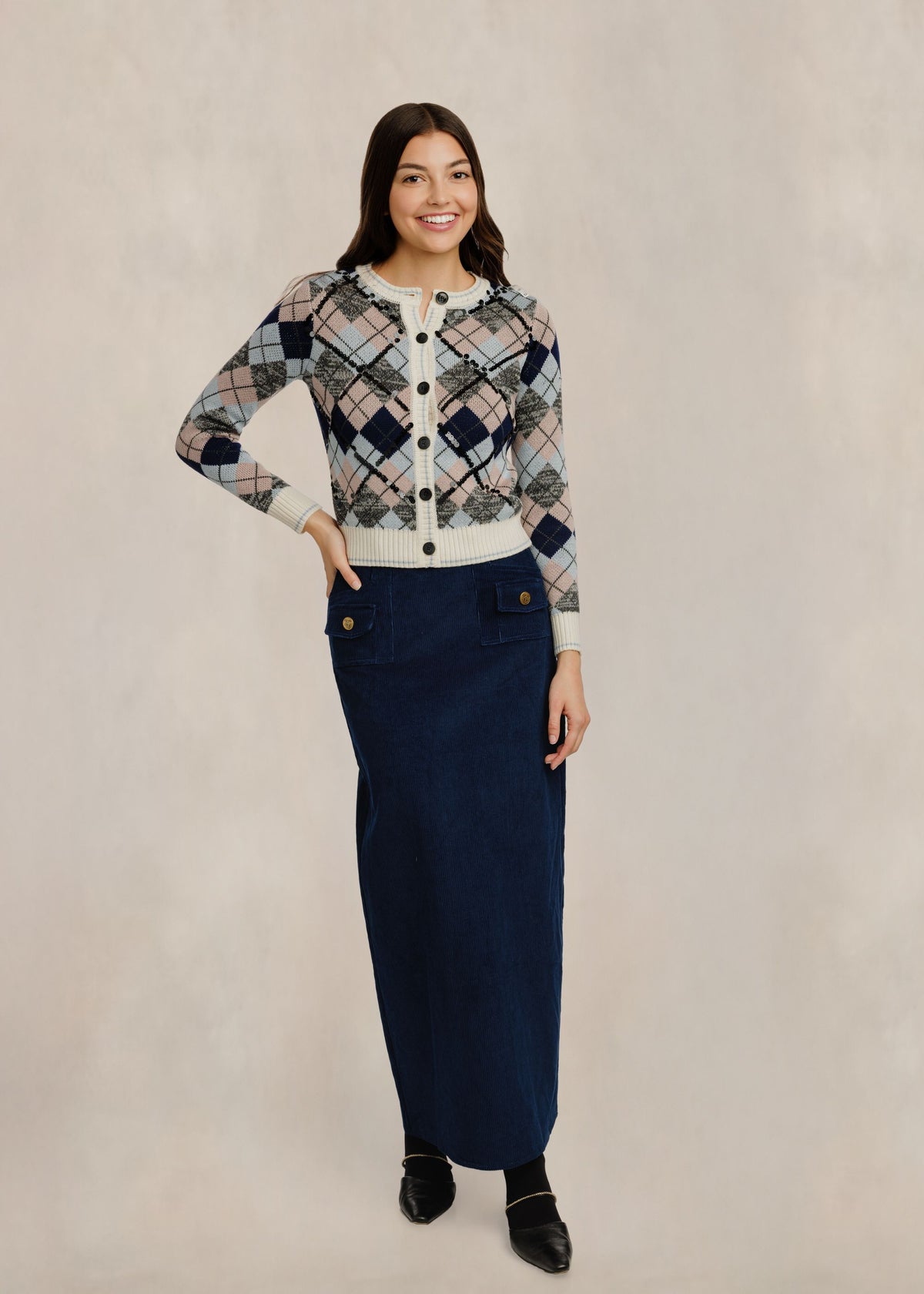 Sequinned Argyle Cardigan - Ivory