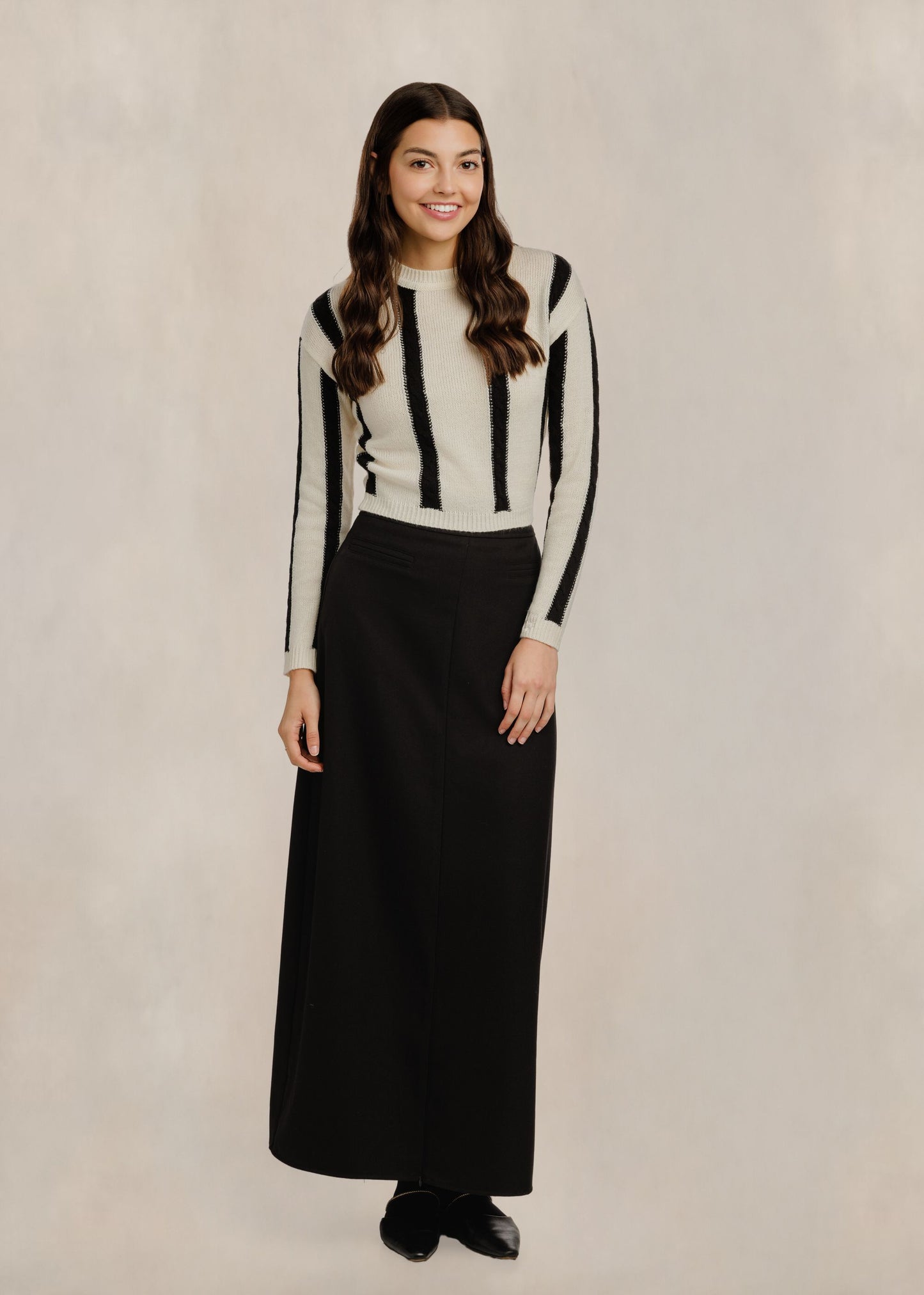 Contrast Striped Cable Knit Sweater - Ivory/Black