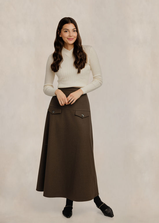 Fake Button Pockets Straight Skirt - Brown