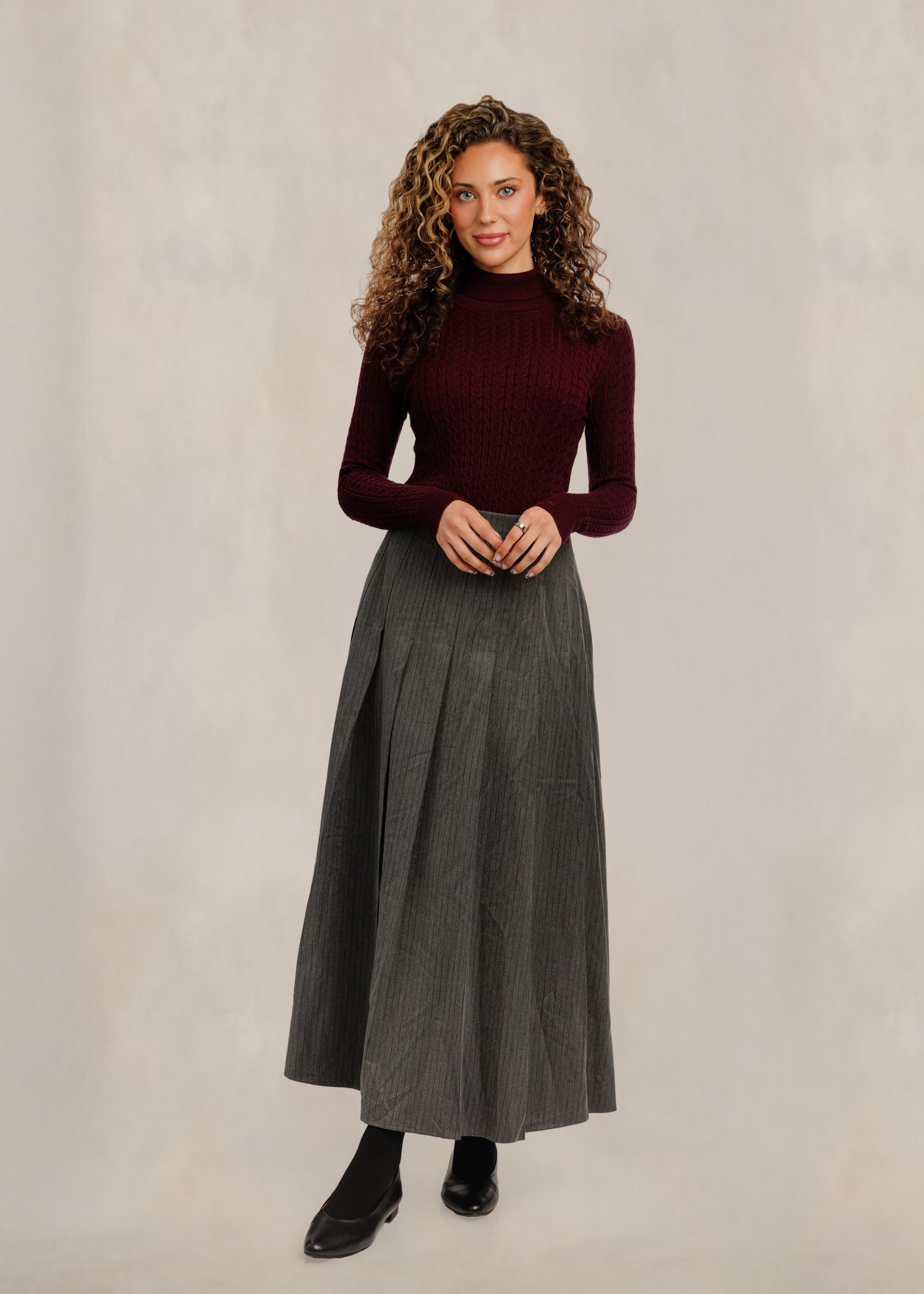 Pleated Pinstripe Skirt - Dark Heather Grey