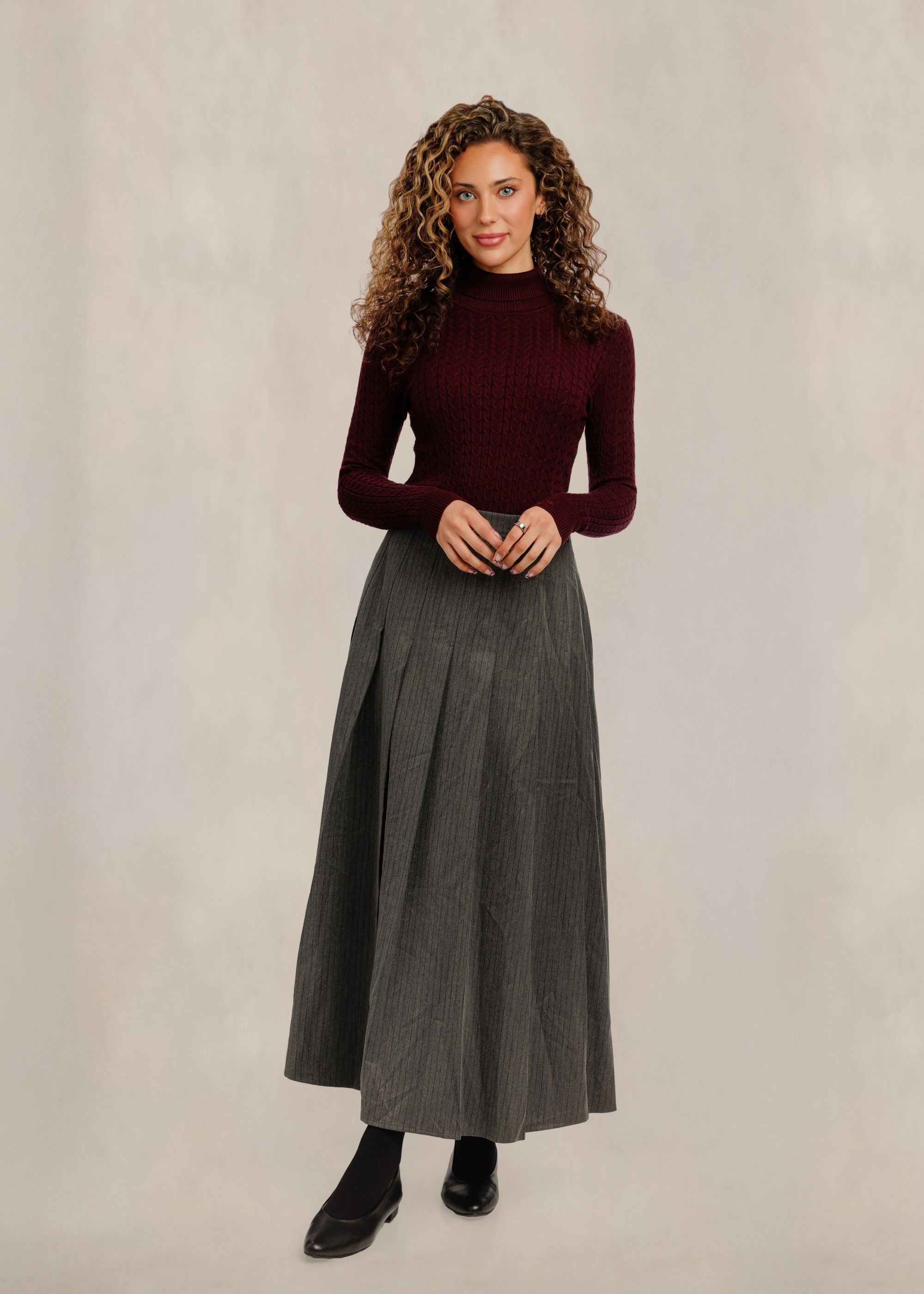 Pleated Pinstripe Skirt - Dark Heather Grey