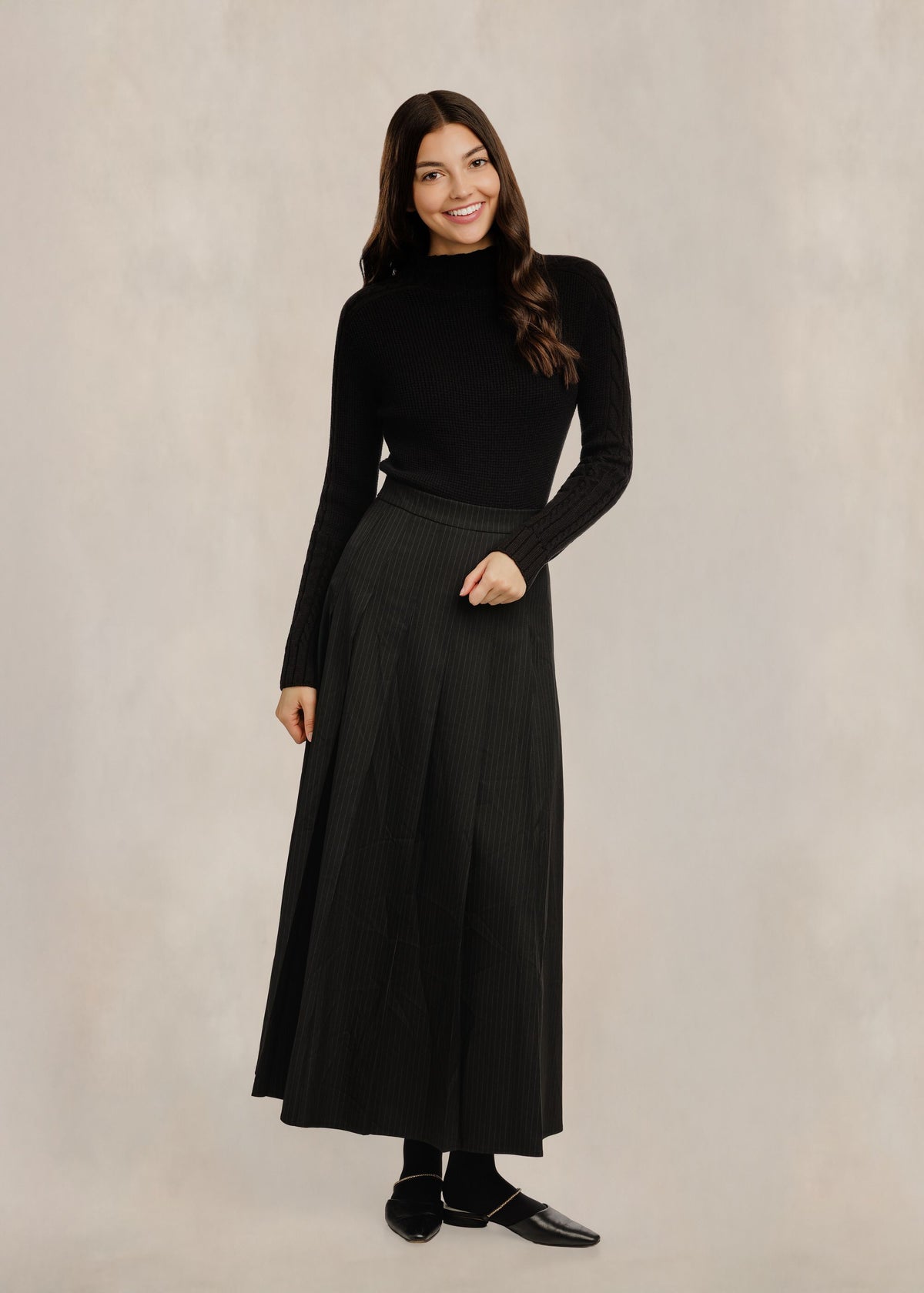Cable Knit Sleeves Mock Neck - Black