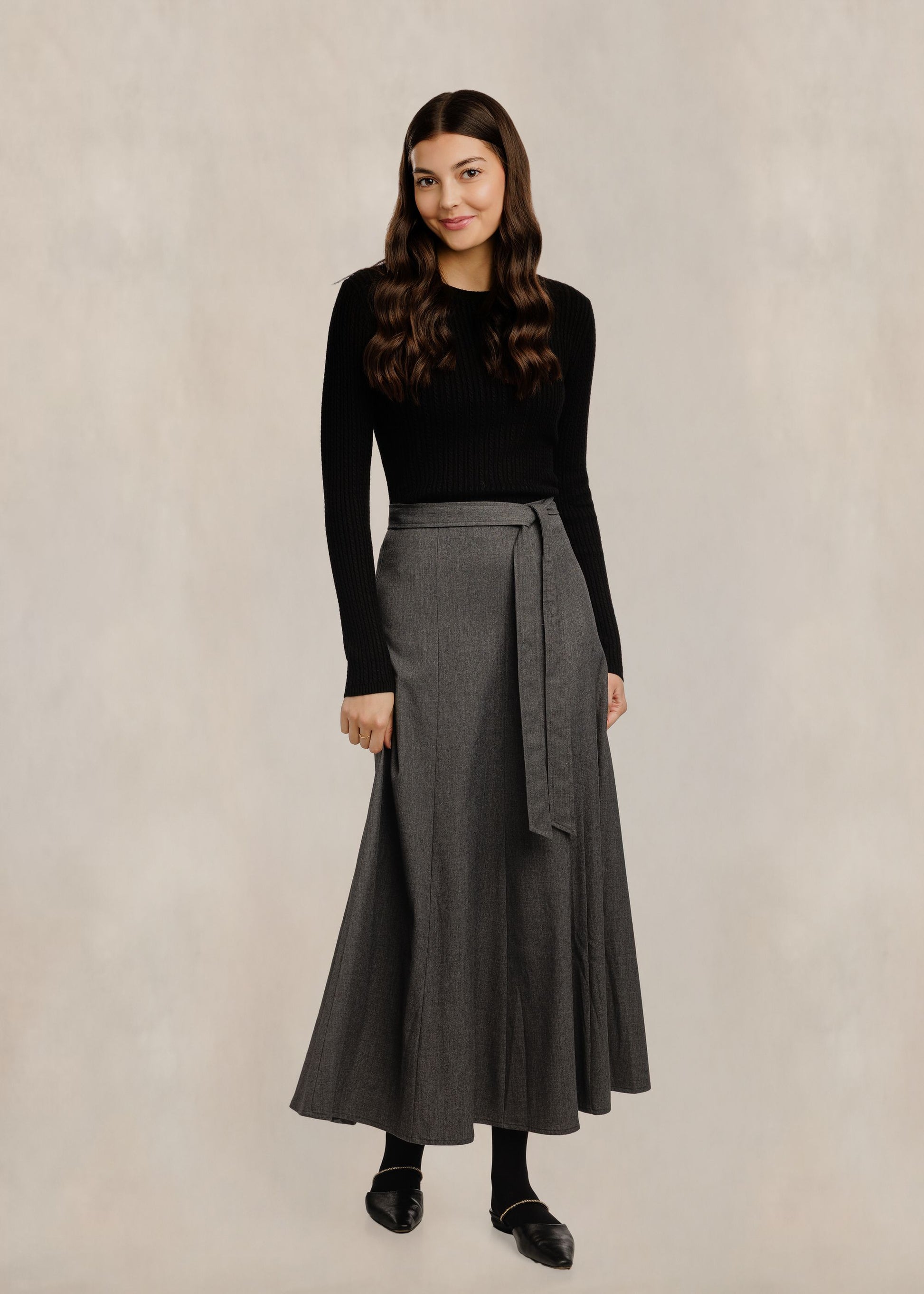 Waist Tie Flowy Panelled Skirt - Heather Grey