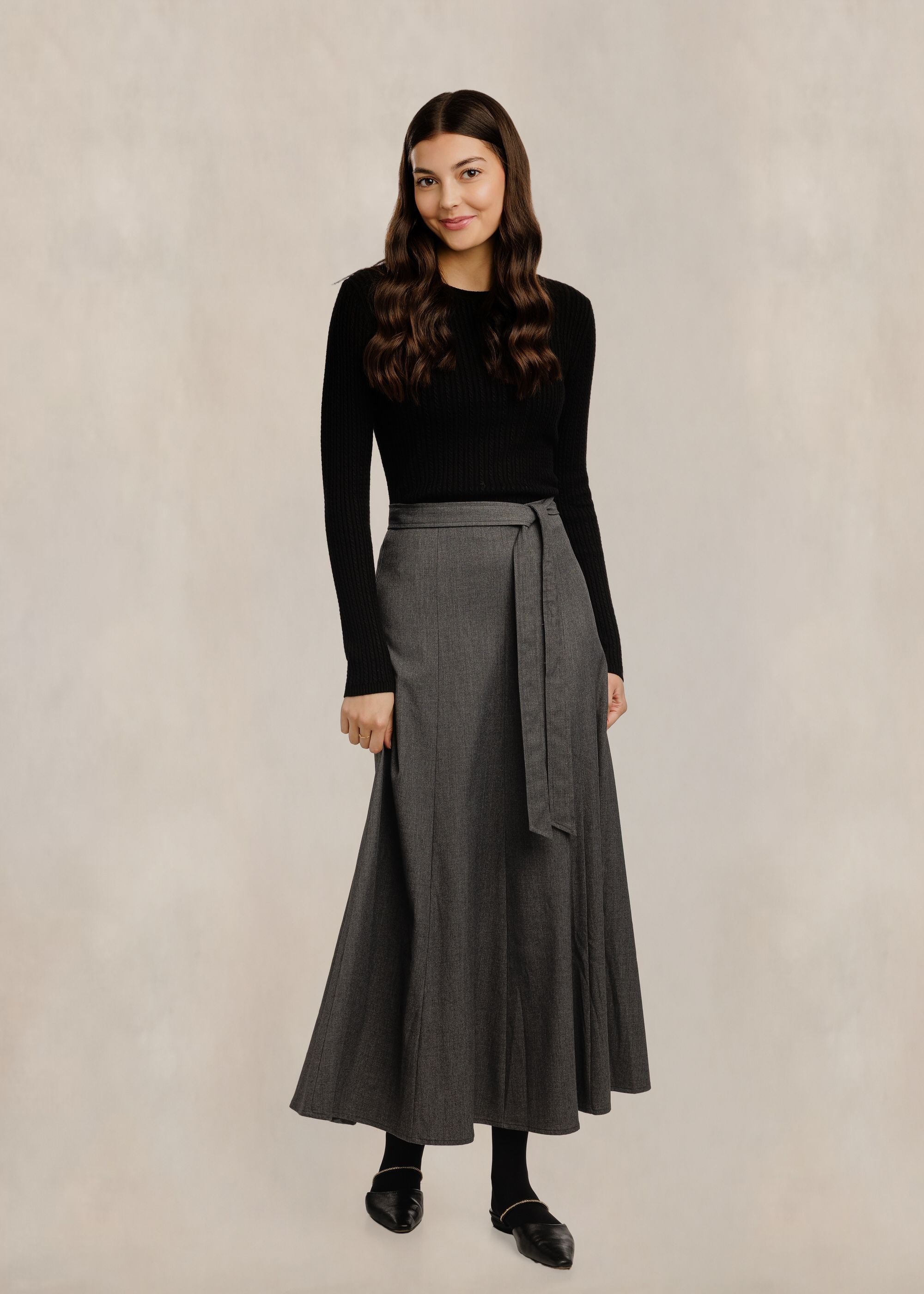 Waist Tie Flowy Panelled Skirt - Heather Grey
