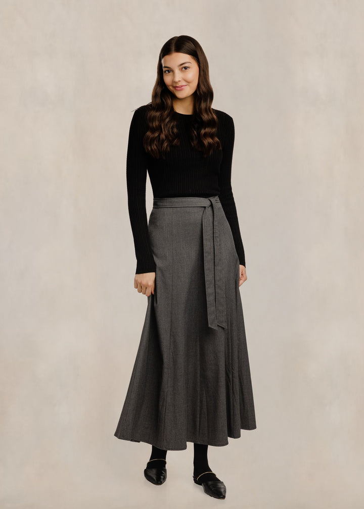 Waist Tie Flowy Panelled Skirt - Heather Grey
