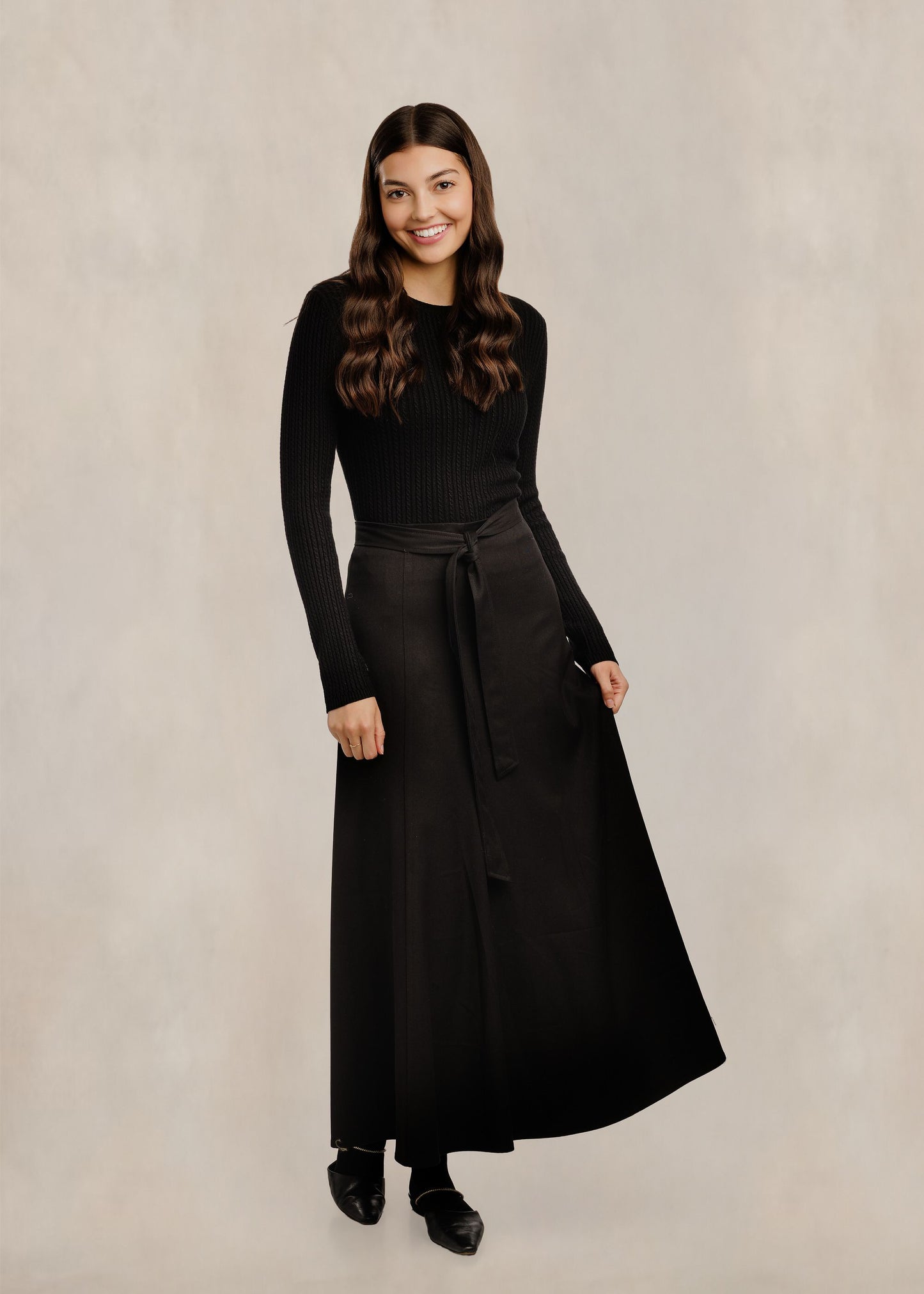 Waist Tie Flowy Panelled Skirt - Black