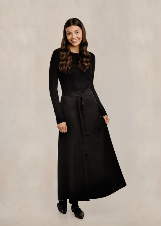 Waist Tie Flowy Panelled Skirt - Black