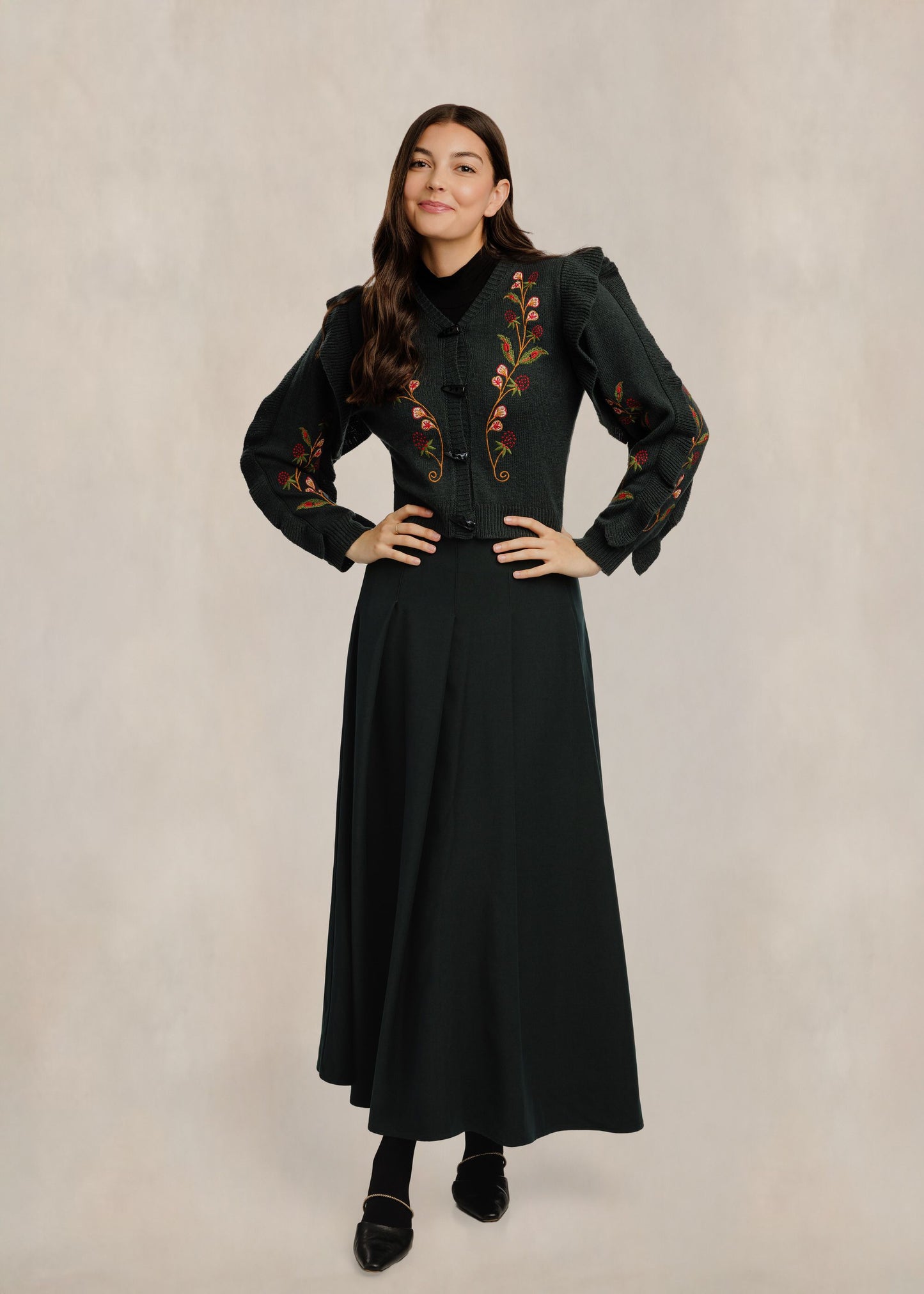 Strawberry Embroidered Ruffle Cardigan - Green