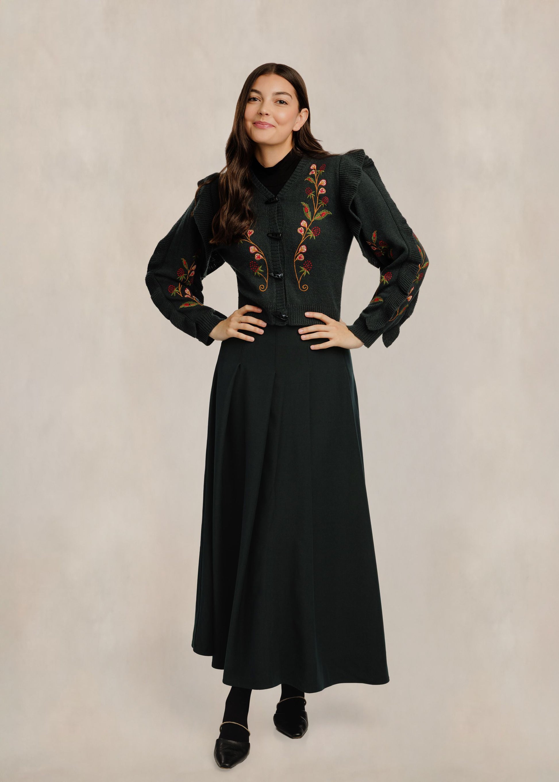 Strawberry Embroidered Ruffle Cardigan - Green