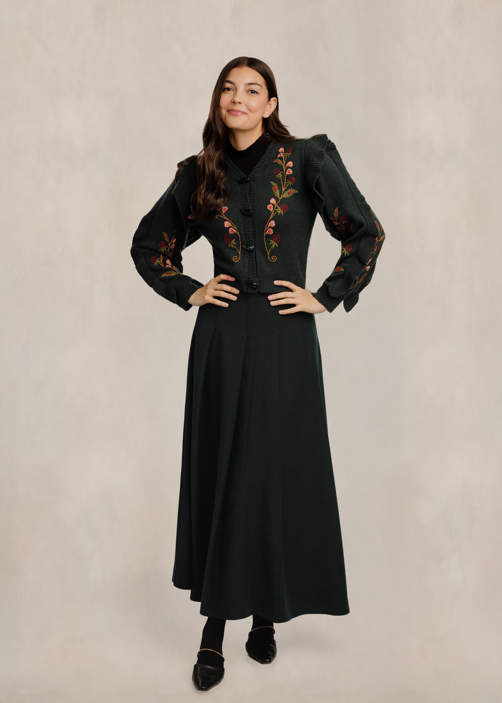 Strawberry Embroidered Ruffle Cardigan - Green