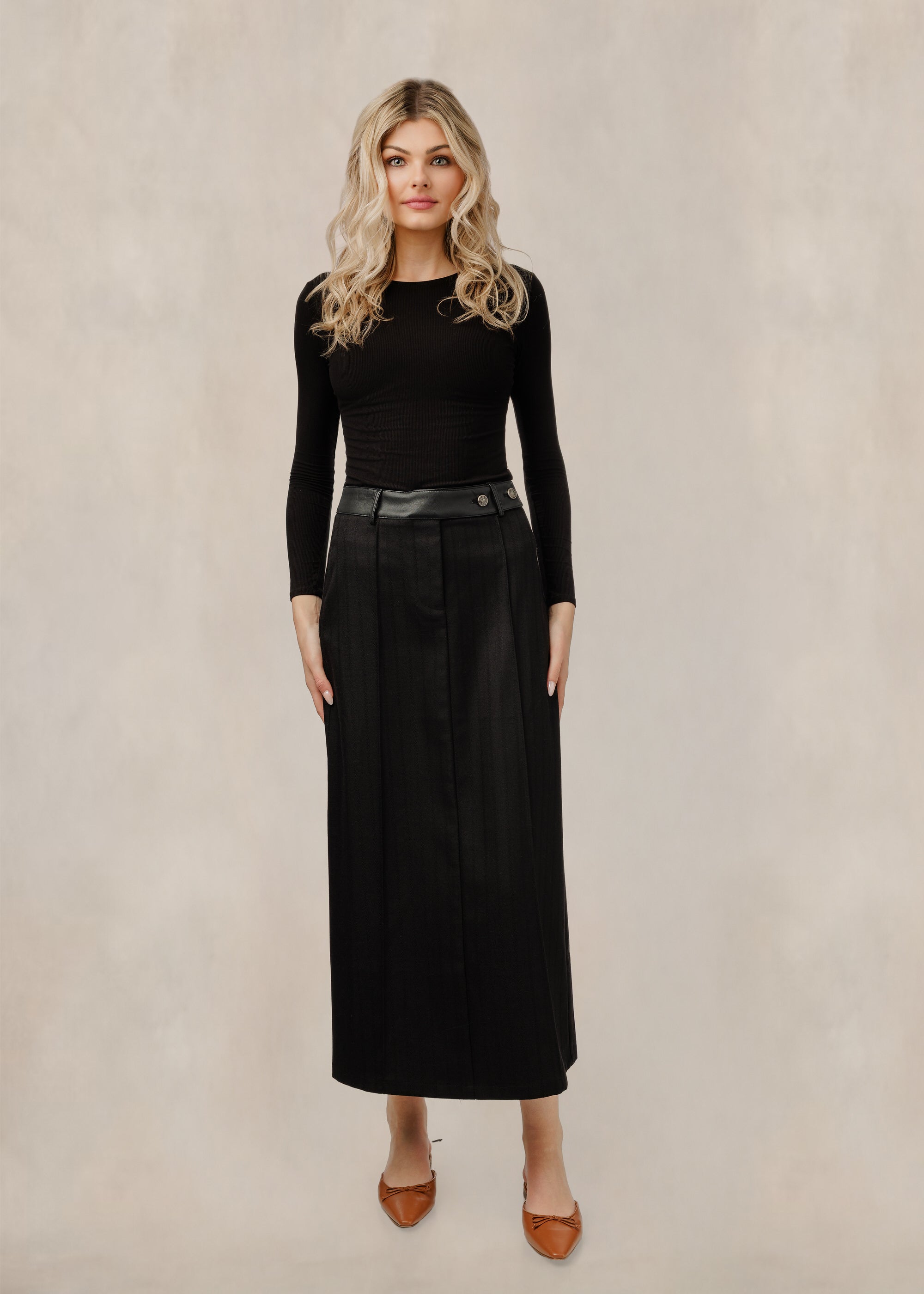 Black Leather Waist Striped Skirt