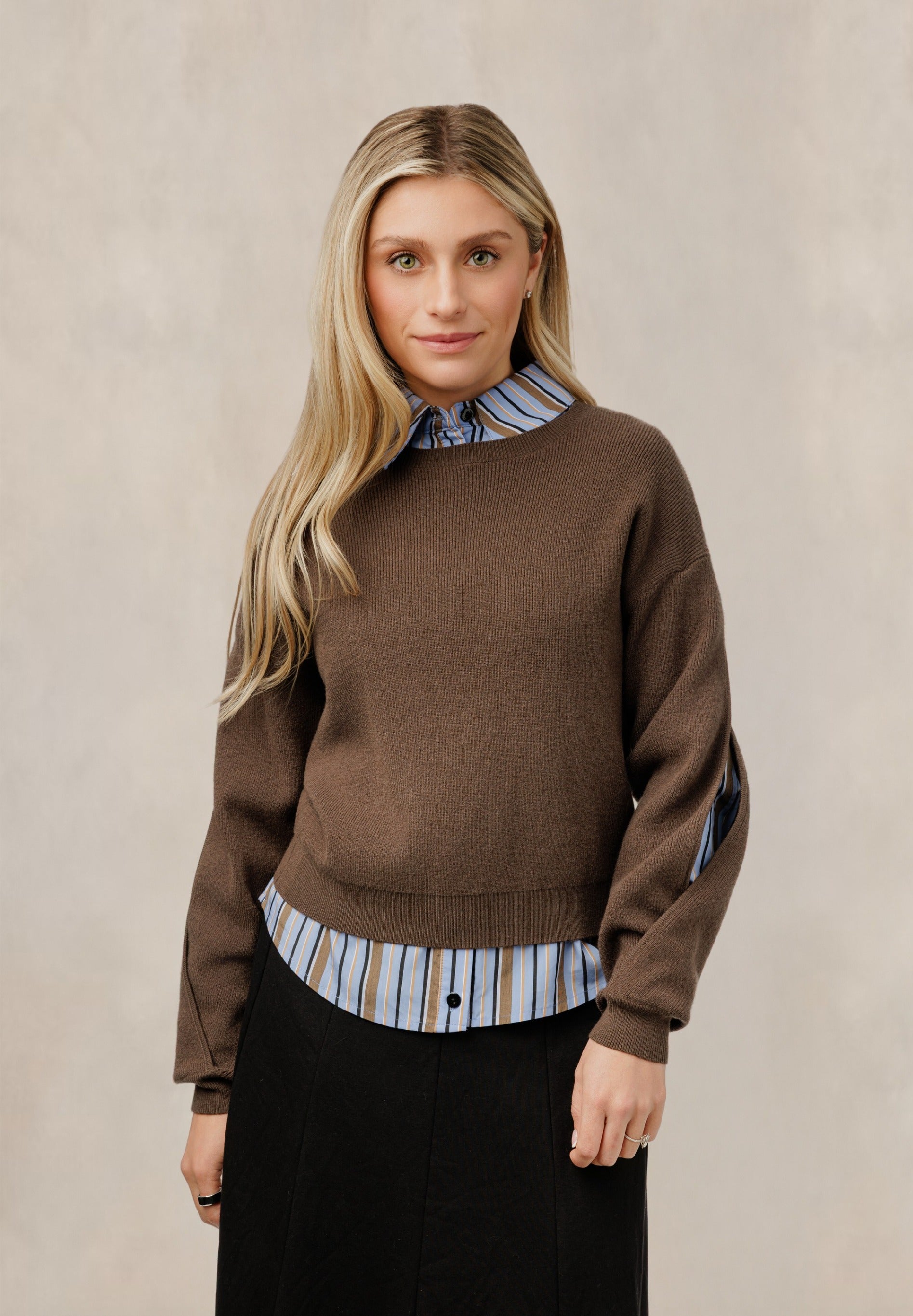 Blue And Brown Striped Blouse With Brown Sweater