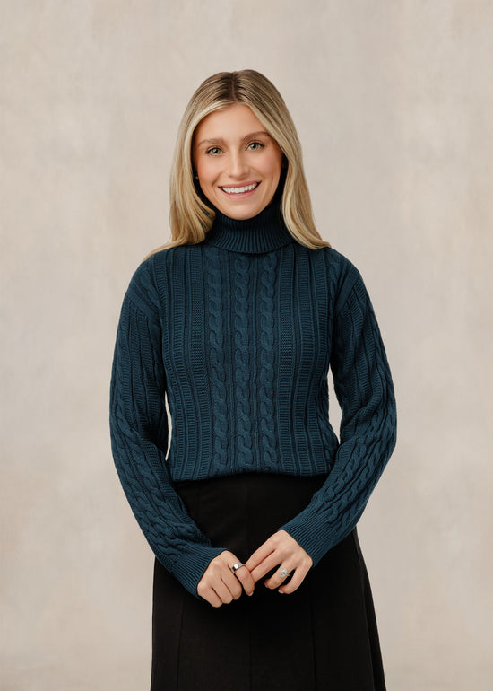 Teal Lace Up Back Cable Knit Turtleneck