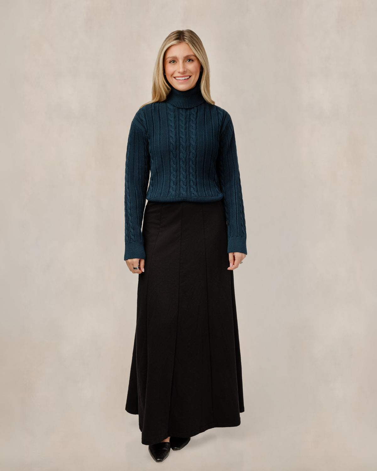 Teal Lace Up Back Cable Knit Turtleneck