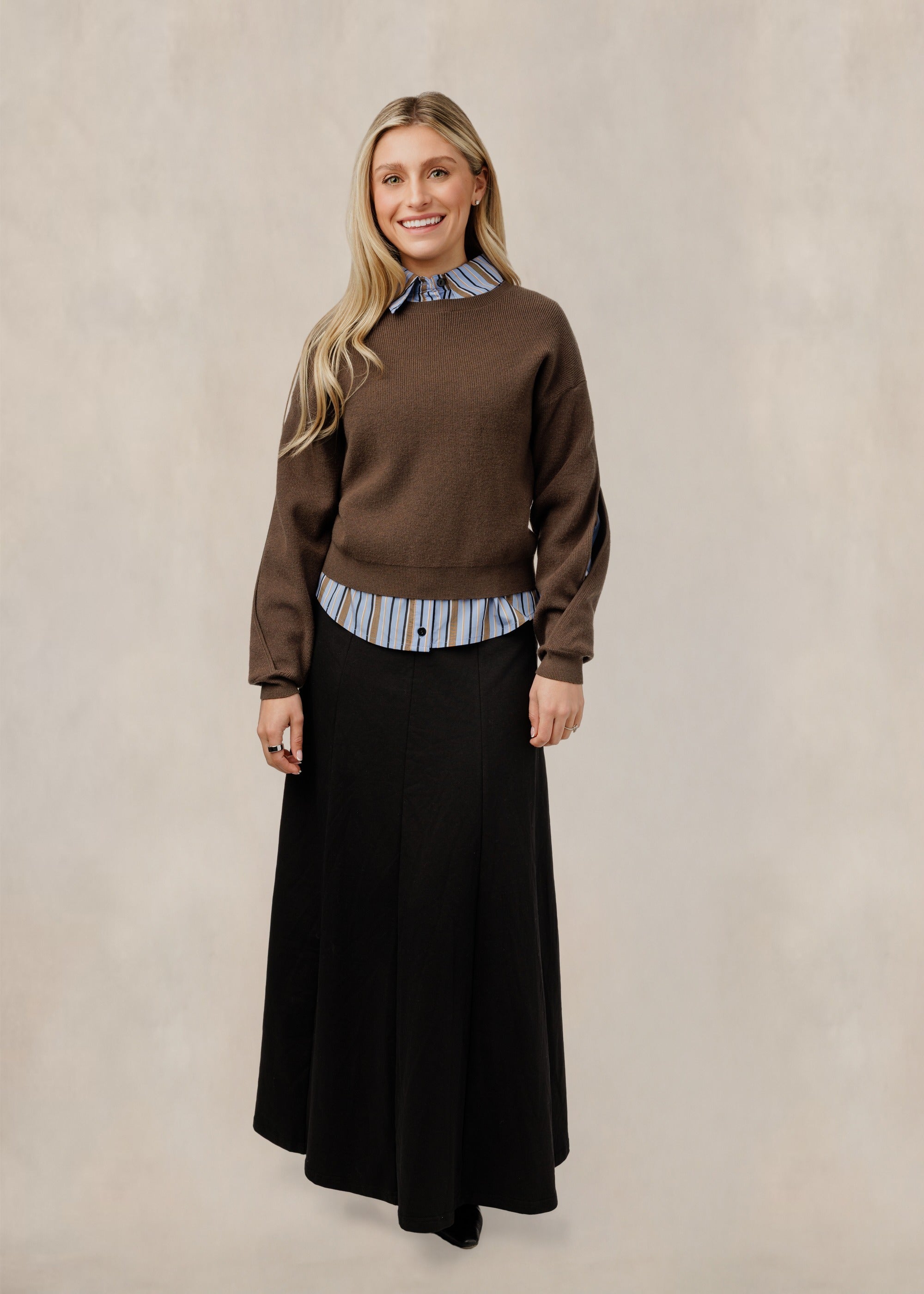 Blue And Brown Striped Blouse With Brown Sweater