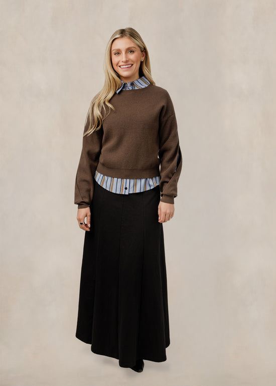 Blue And Brown Striped Blouse With Brown Sweater