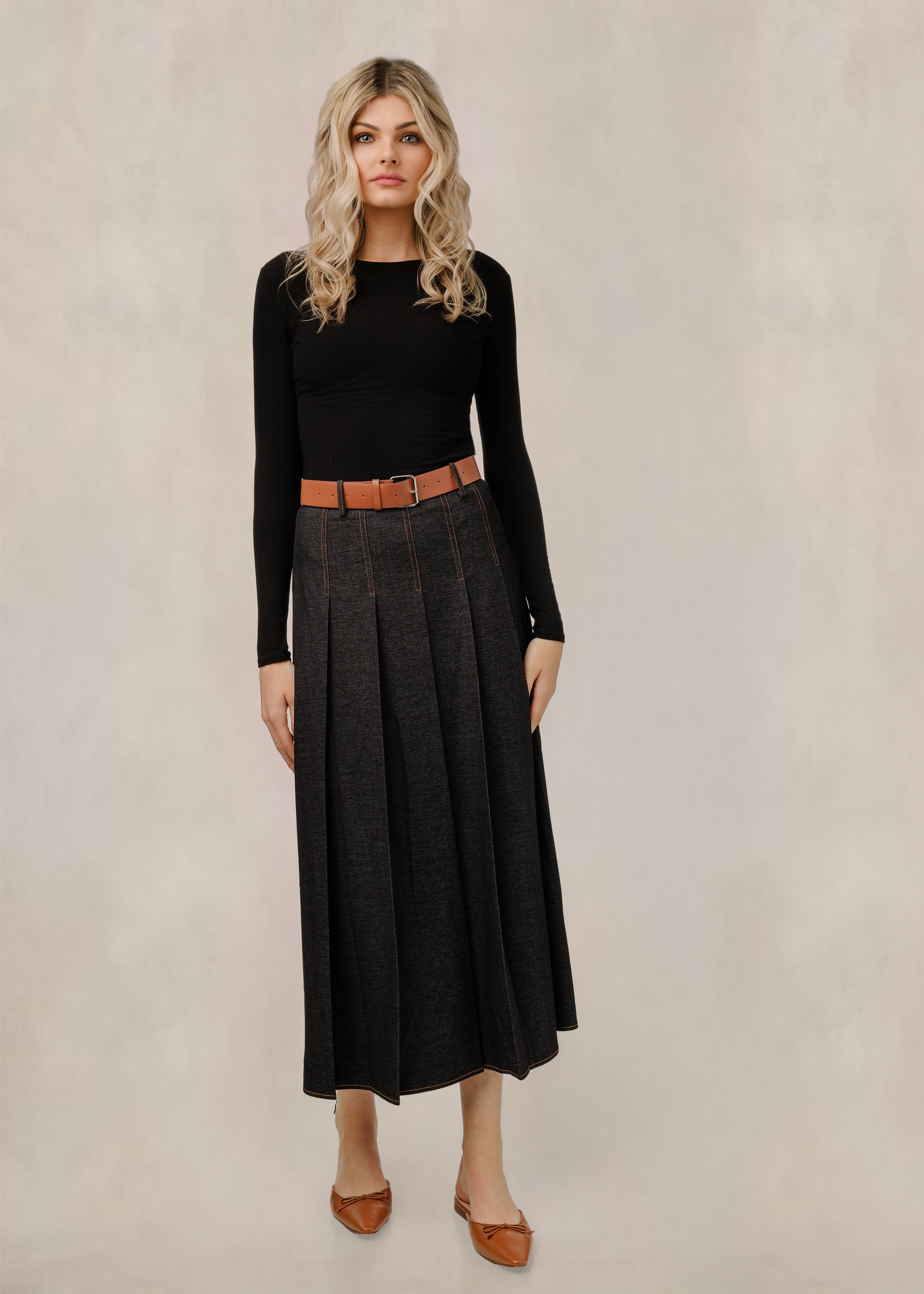 Black Denim Skirt With Brown Belt - WW61879S-B
