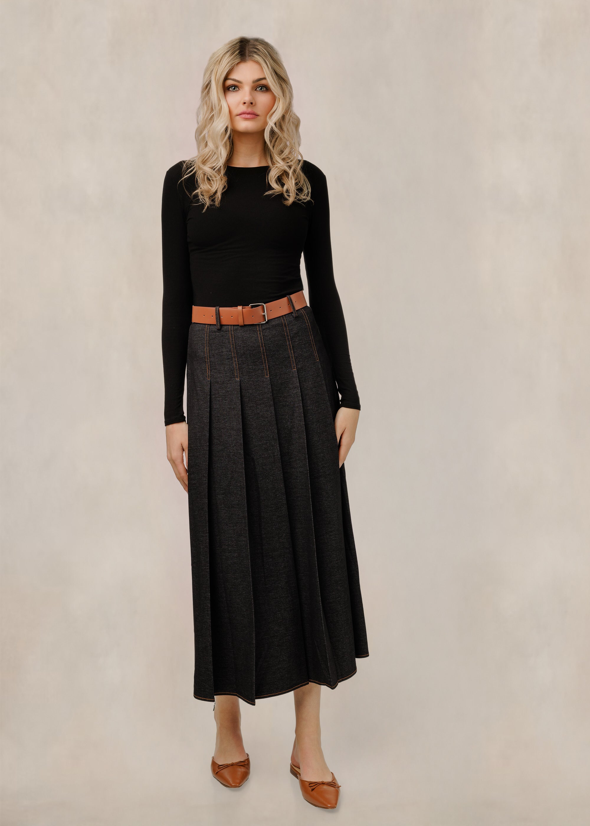 Black Denim Skirt With Brown Belt - WW61879S-B