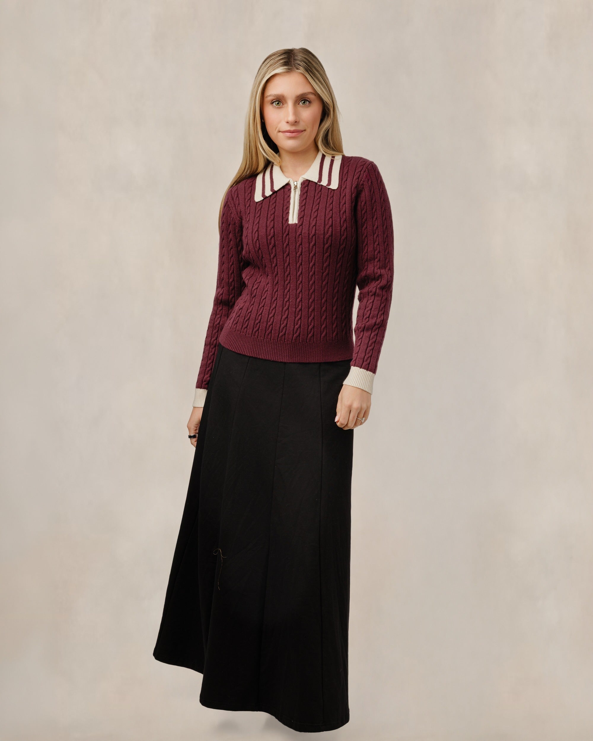 Cable Knit Quarter Zip Sweater - Burgundy